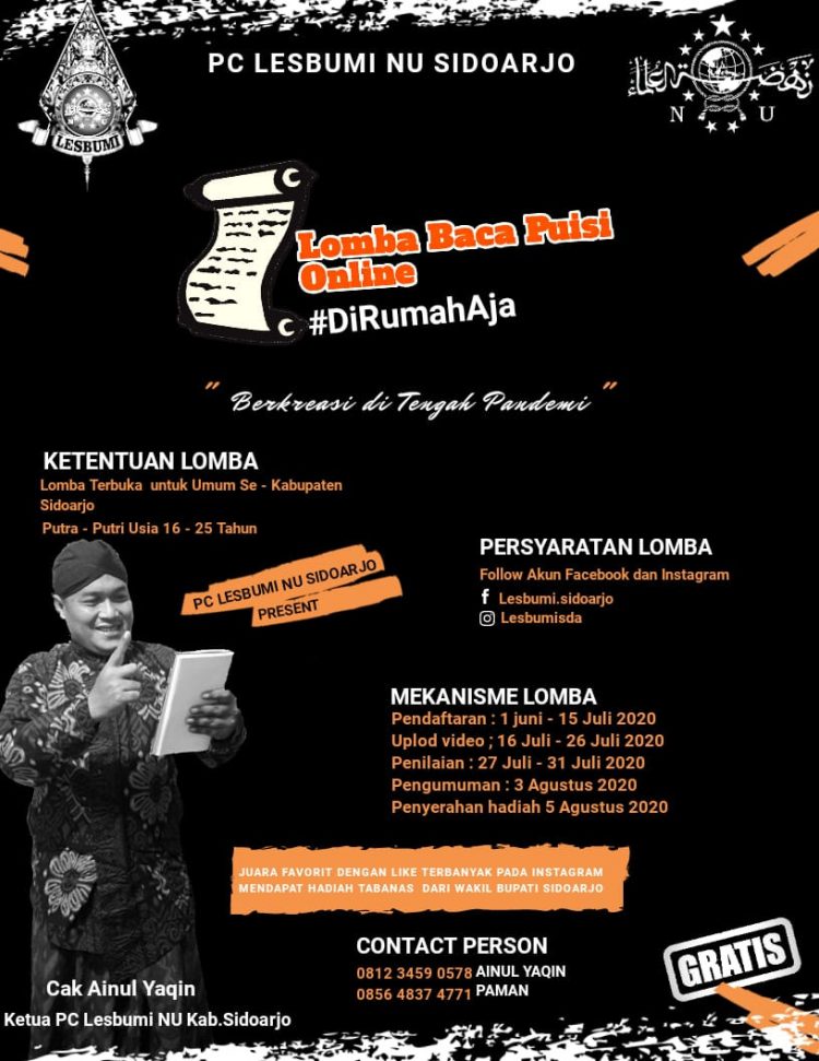 Pengurus Cabang Lembaga Seniman Budayawan Muslimin Indonesia (PC Lesbumi) Sidoarjo menggelar event lomba baca puisi online/Foto: istimewa.