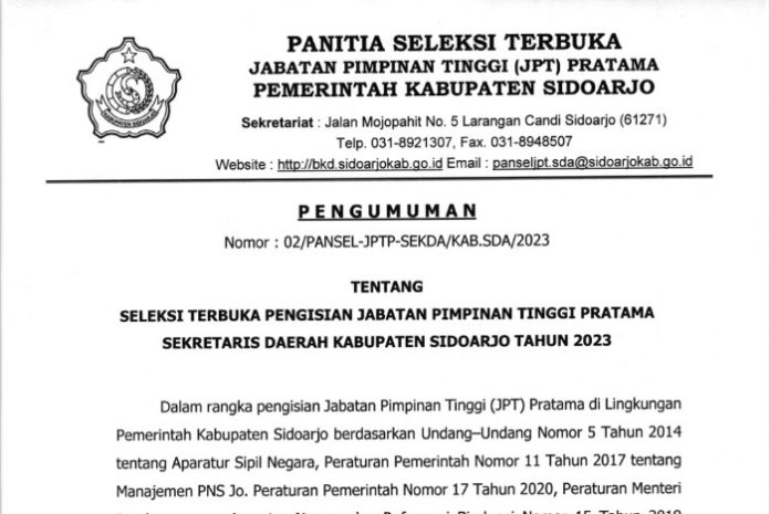Surat pengumuman seleksi terbuka Jabatan Sekretaris Daerah Sidoarjo/Foto: istimewa