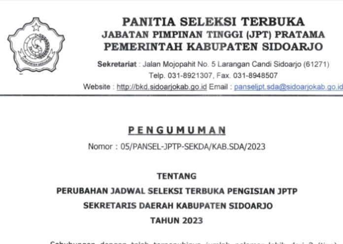 Dokumen pengumuman seleksi administrasi Sekda Sidoarjo / Foto: istimewa
