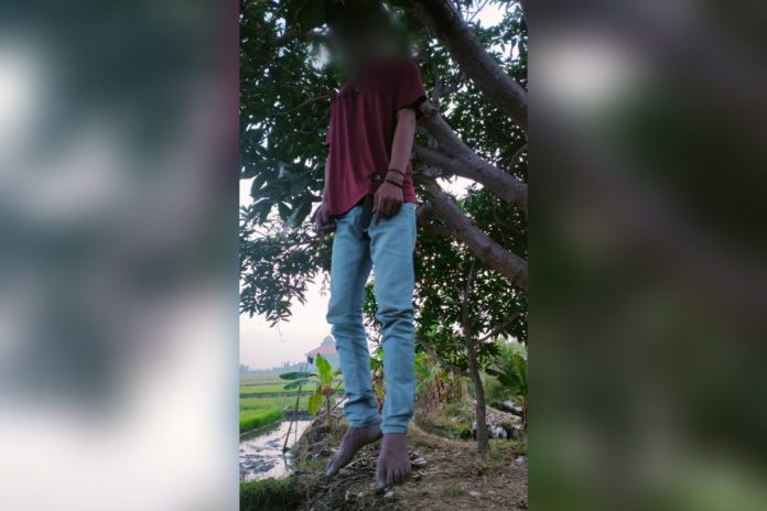 Jasad korban Sukron Dewantoro saat ditemukan tergantung di atas pohon mangga di Desa Tebel Gedangan, Foto: istimewa