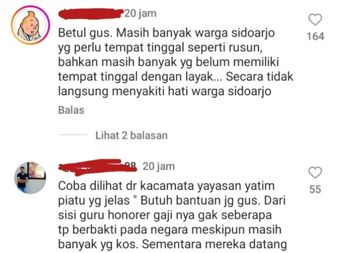 Respon netizen di kolom komentar akun Instagram Bupati Sidoarjo @ahmadmuhdlorali / Foto: tangkapan layar komentar netizen di akun Instagram @ahmadmuhdlorali