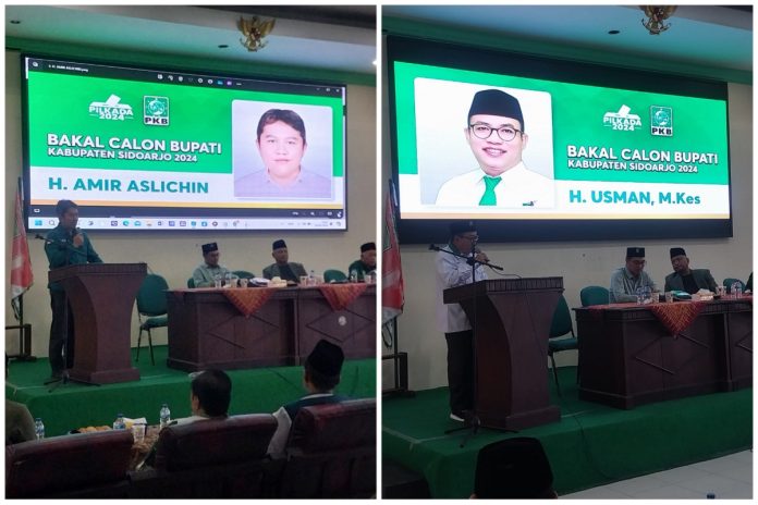 Achmad Amir Aslichin alias Mas dan H Usman saat menyampaikan visi misi di acara ta'aruf bakal calon kepala daerah dari PKB Sidoarjo/Foto: Ipung Syaiful
