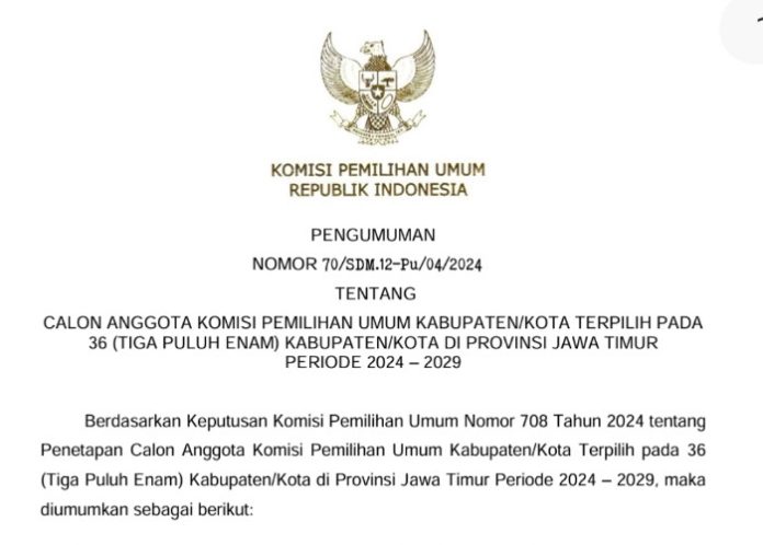 Lampiran pengumuman calon anggota KPU Sidoarjo terpilih periode 2024-2029 dari KPU RI/Foto: Istimewa