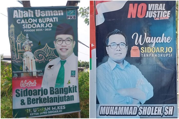 Foto kolase baliho H. Usman (kiri) yang ada di di jalan Sarirogo dan Muhammad Sholeh (kanan) di jalan Pahlawan/Foto: Ipung Syaiful
