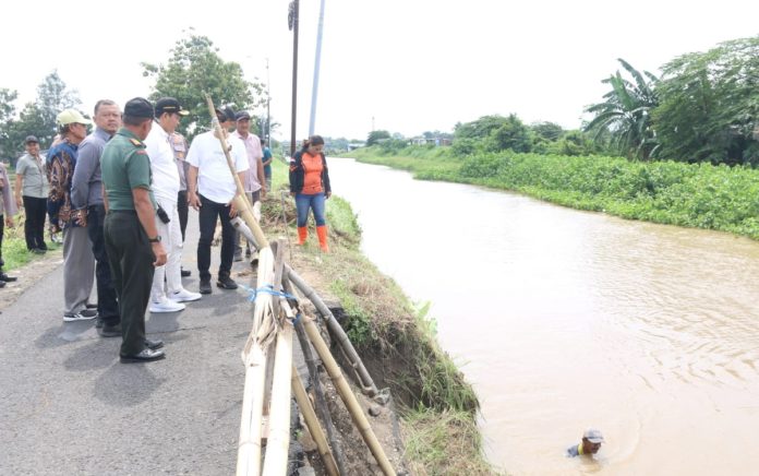 Plt Bupati Sidoarjo, Subandi, saat meninjau bibir sungai di Prambon yang amblas/Foto: istimewa