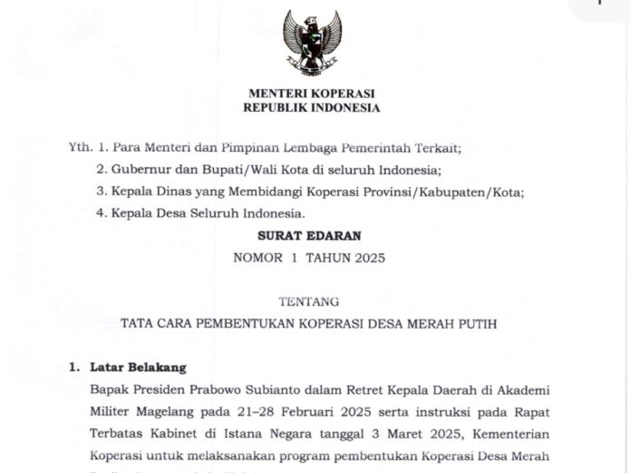 Surat Edaran (SE) No. 1 Tahun 2025 Menteri Koperasi tentang Tata Cara Pembentukan Koperasi Desa Merah Putih / Foto: istimewa