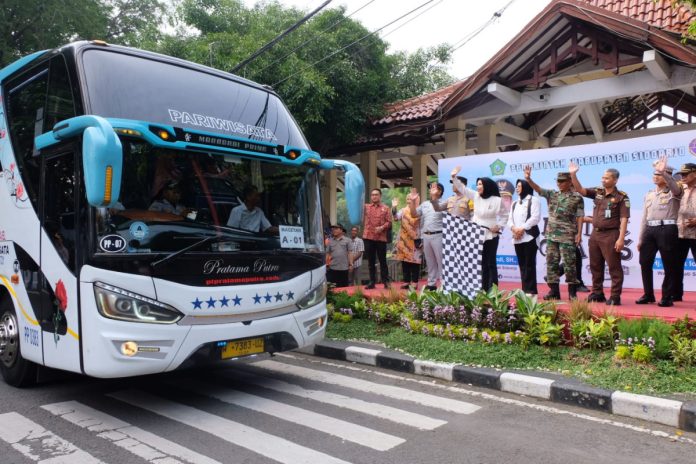 Wabup Mimik Idayana didampingi oleh Sekretaris Daerah (Sekda) Kabupaten Sidoarjo Fenny Apridawati, Kapolres Sidoarjo, Kombes Pol Christian Tobing, serta Kepala Dinas Perhubungan, Benny Airlangga serta jajaran Forkopimda lainnya saat melepas secara simbolis mudik gratis /Foto: istimewa