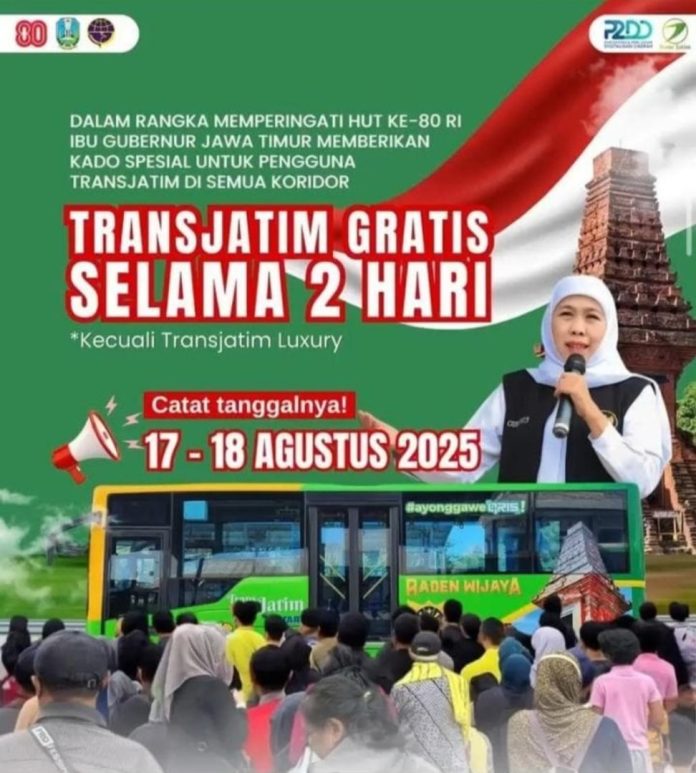 Flyer Transjatim Gratis Selama 2 Hari, program ini berlaku di semua koridor Transjatim, kecuali layanan Transjatim Luxury/ Foto: istimewa