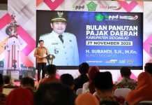 Wow! Realisasi Pajak Sidoarjo Tembus 93,21 Persen, Ini Rahasia di Baliknya Bupati Sidoarjo, Subandi, saat pidato dalam gelaran Bulan Panutan Pajak Daerah 2025 yang diselenggarakan di Pendopo Delta Wibawa pada Kamis (27/11/2025) / Foto: istimewa