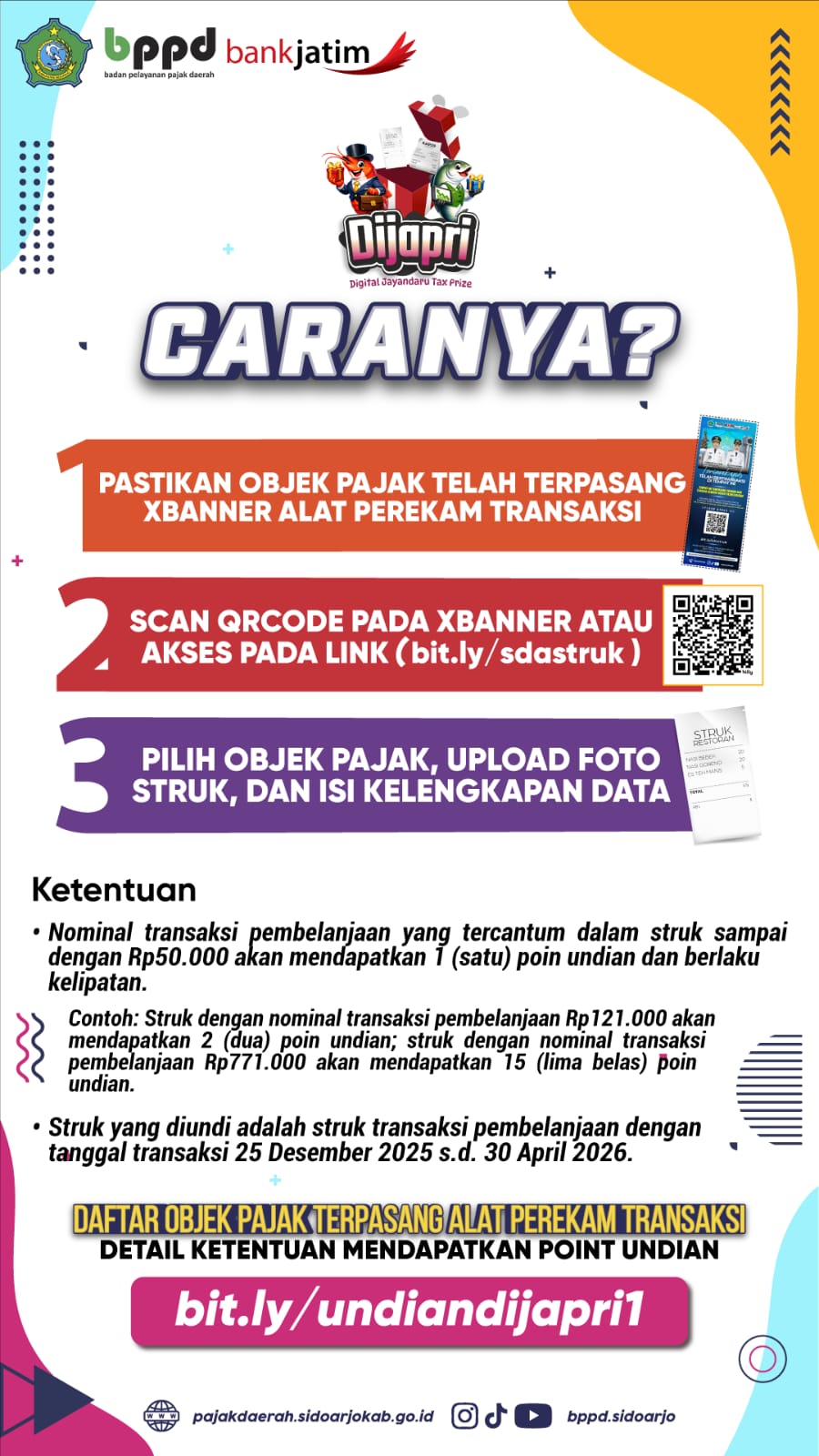 Cara mengikuti program Dijapri yang diselenggarakan oleh Pemkab Sidoarjo melalui Badan Pelayanan Pajak Daerah (BPPD) Kabupaten Sidoarjo bekerja sama dengan Bank Jatim / Foto: istimewa