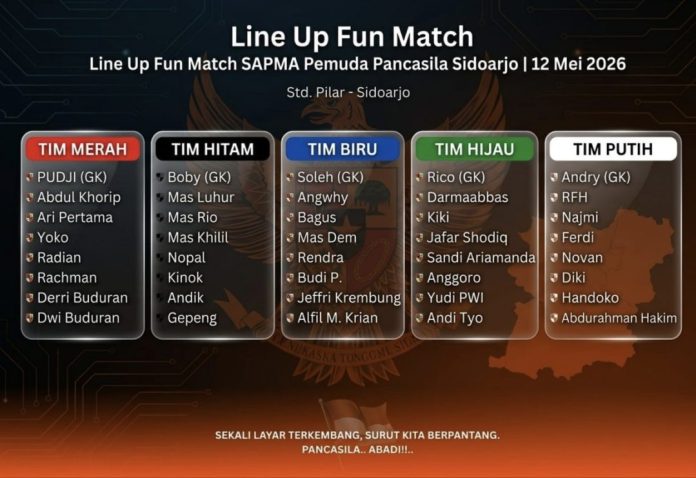 Lima tim dari perwakilan SAPMA di Kabupaten Sidoarjo akan saling berhadapan dalam kegiatan Fun Match Mini Soccer SAPMA Pemuda Pancasila Sidoarjo (Vol.1) yang digelar di Pilar Sport Center, Jalan Jawa, Nomor 01, Rangkah Kidul, Kabupaten Sidoarjo, Selasa, 12 Mei 2026 malam / Foto: istimewa